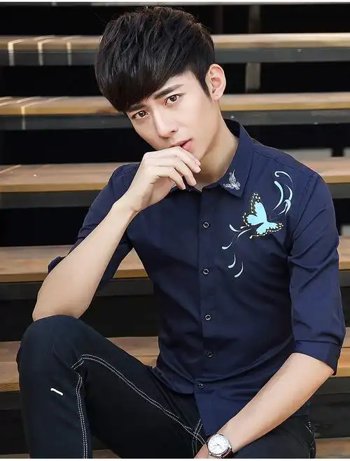 春季新款韩版修身五分袖衬衫男青年休闲中袖男装衬衣男士免烫寸衫