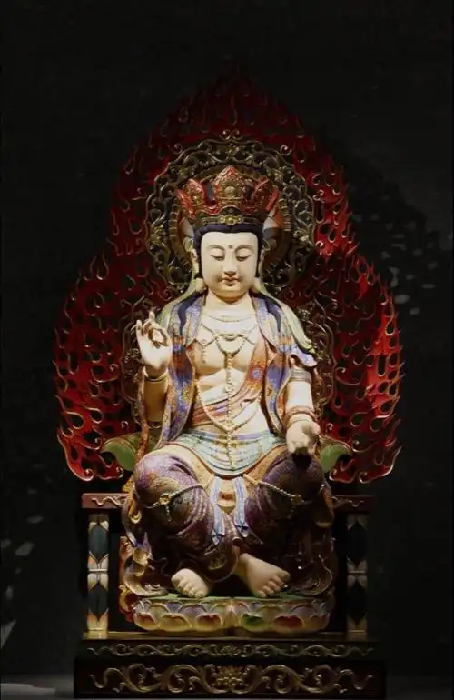 [cp]《天冠弥勒菩萨》 相木打胚立形 精雕环环相扣 彩绘晕染描金 笔笔