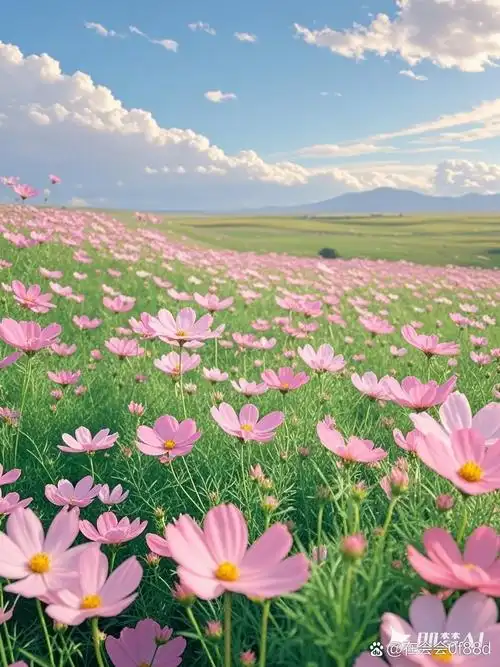 大草原,大片美丽玫红色的格桑花,花朵很多,背景蓝天白云,颜色艳丽