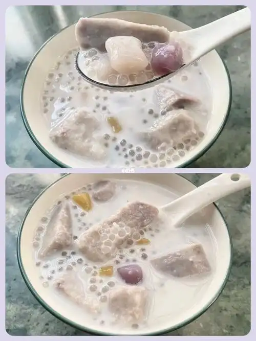 荔浦芋头,芋圆,西米,椰汁,冰糖[拔草r]做法:芋头去皮切块放入电饭锅中