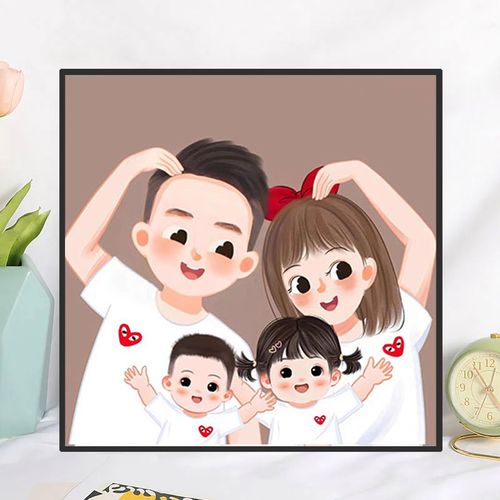 可爱卡通幸福一家人5d圆钻钻石画全家福带框满钻十字绣diy钻石绣