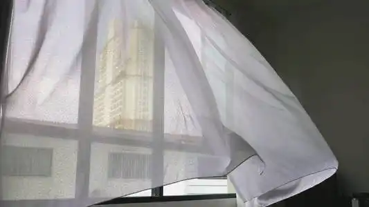 透明的窗帘, 轻轻的被风吹动.窗外你可以看到摩天大楼照片