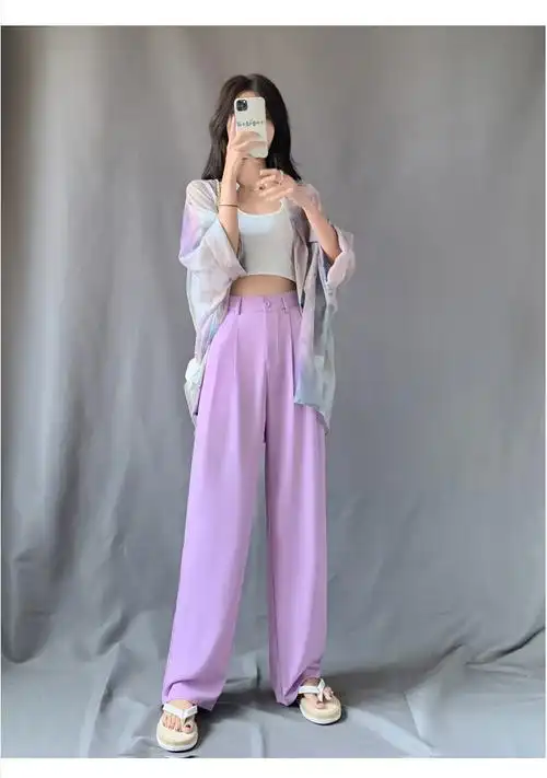 高腰款式:阔腿主图来源:其他来源裤长:长裤颜色分类:黑色 紫色尺寸:s