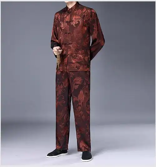 jeep吉普高档男装中老年唐装桑蚕丝长袖爸爸春秋真丝套装中国风汉服