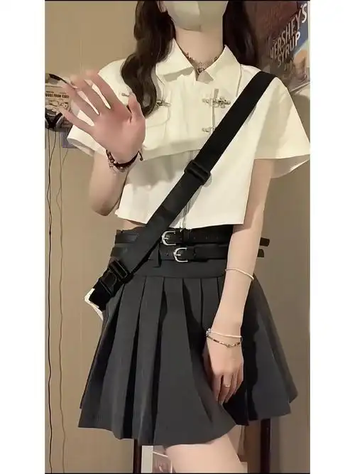 夏季2024新款女辣妹甜酷两件套装短裙jk学院风小个子百褶裙子搭配