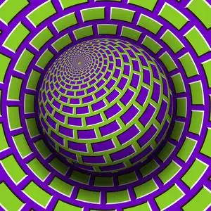 光学错觉矢量插图. 紫色绿色砖图案球体高耸在同一表面之上.照片
