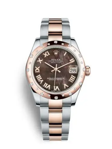 劳力士女装日志型31玫瑰金钢光圈镶钻黑贝母面罗马字女表178341-0055