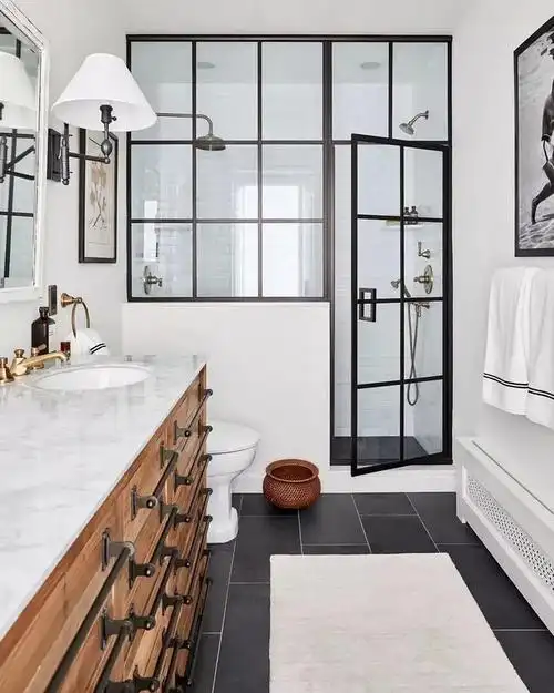 不妨打造半墙,多一道墙面阻隔视线,同时搭配玻璃隔断,有效维护隐私,也