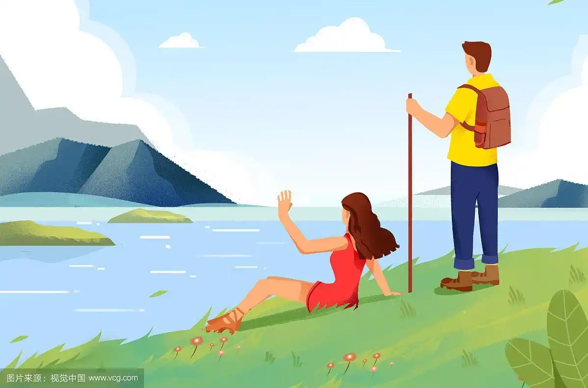 卡通手绘两个人在湖边看景色插画