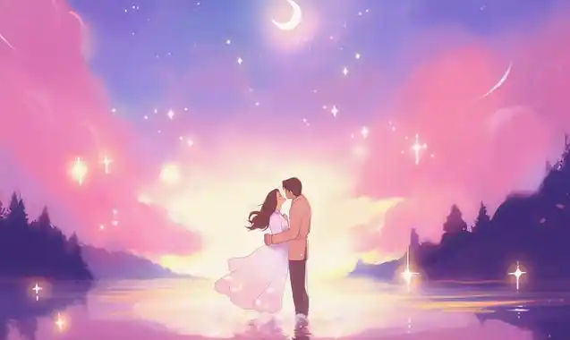 情侣在海面上拥抱在一起唯美浪漫情人节爱情双人手绘插画温馨氛围感