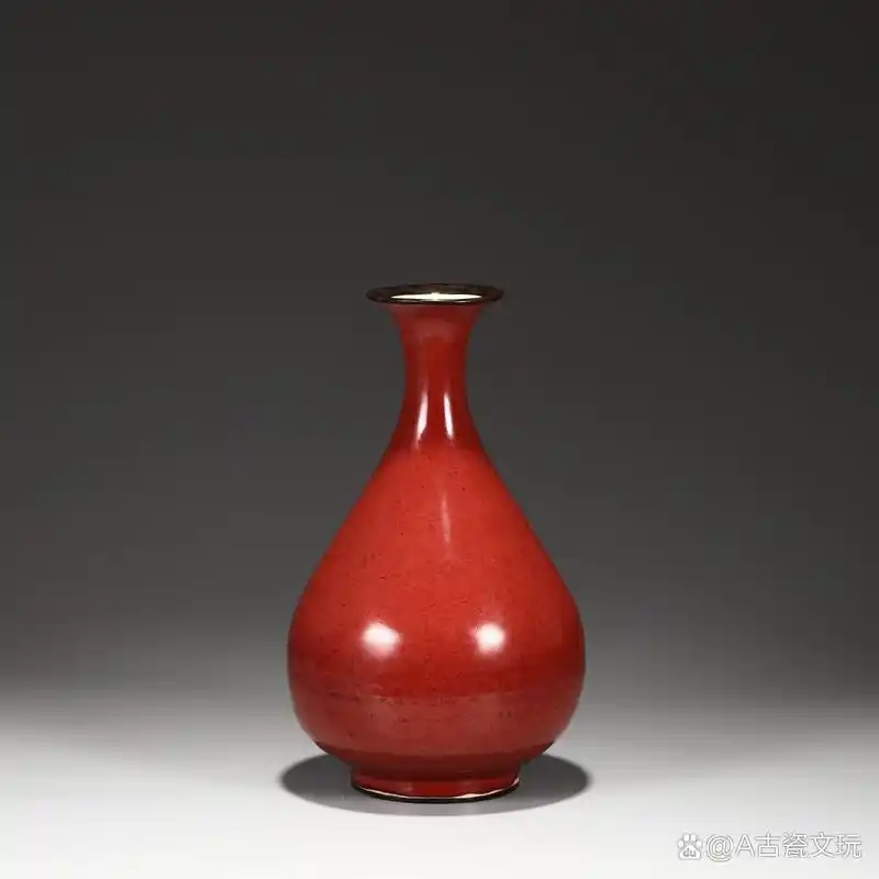 旧藏 明 宣德宝石红釉银口大玉壶春瓶 尺寸:高32公分 肚径17公分