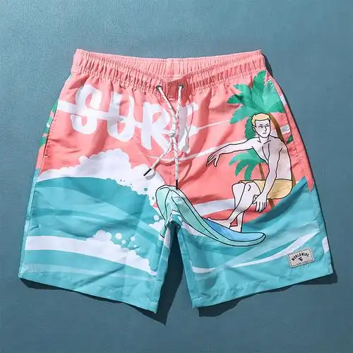 潮牌沙滩裤男士夏季海边冲浪裤游泳印花五分裤宽松速干大裤衩男款