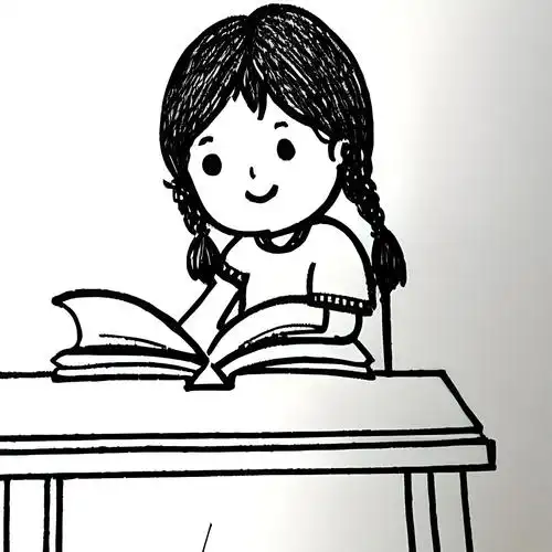 坐在书桌前看书的小女孩简笔画