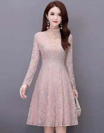 阿亨小个子淑女甜美早春洋气加绒蕾丝连衣裙女装21年冬季新款修身打底