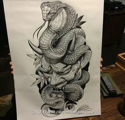 大腿新传统蛇盘般若纹身手稿