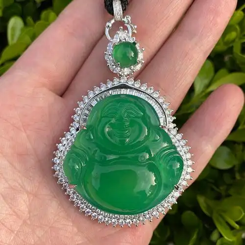 天然冰种玉髓吊坠女款佛公项链坠子翡翠色玉石镶嵌玛瑙招财佛挂件