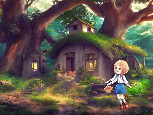 站酷梦笔#采蘑菇的女孩,蘑菇屋,树林,兔子,动漫风