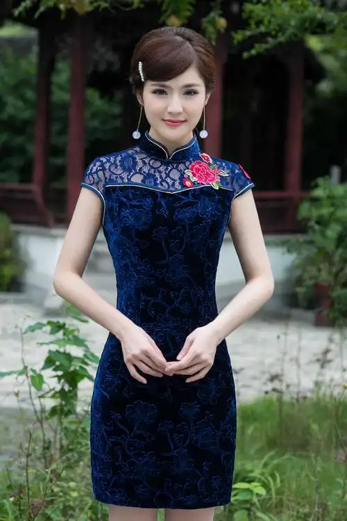 2014时尚中式蓝色压花纱网丝绒短旗袍 性感蕾丝镂空连衣裙女旗袍