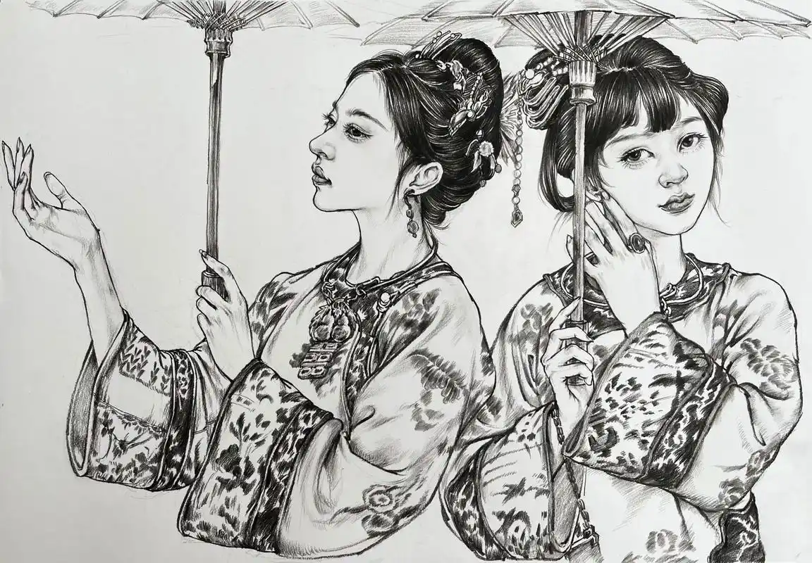 每日速写古风少女双人