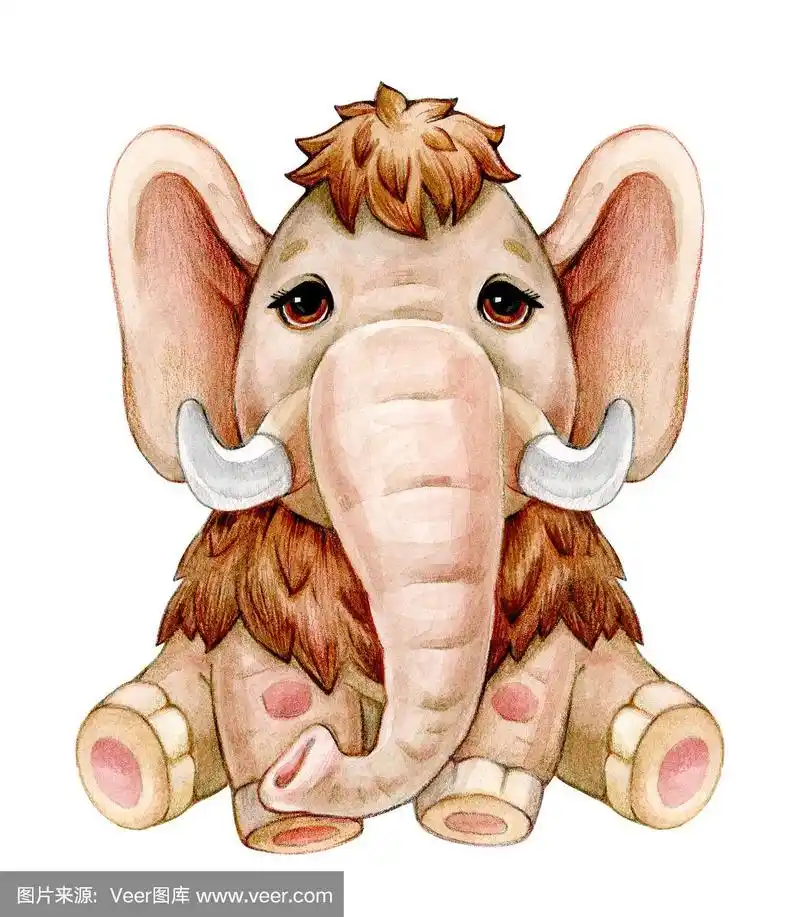 可爱的猛犸象卡通,孤立的白色.水彩插图.