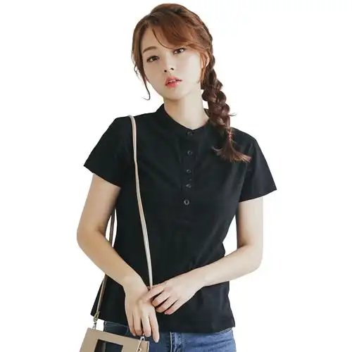 棉半开领衬衫纽扣襟纯色打底衫文艺小立领t恤女短袖修身上衣白色短袖