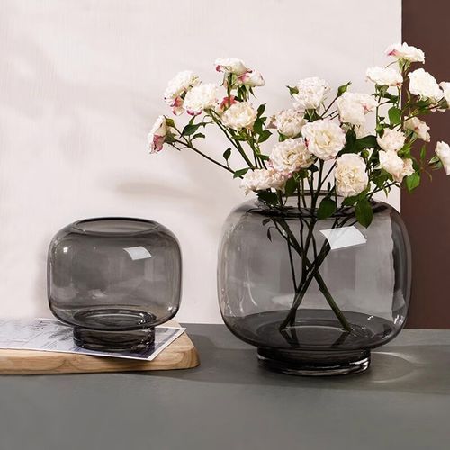 美杜简约现代圆形大口花瓶透明水养插花客厅餐桌玻璃加厚摆件 圆形花