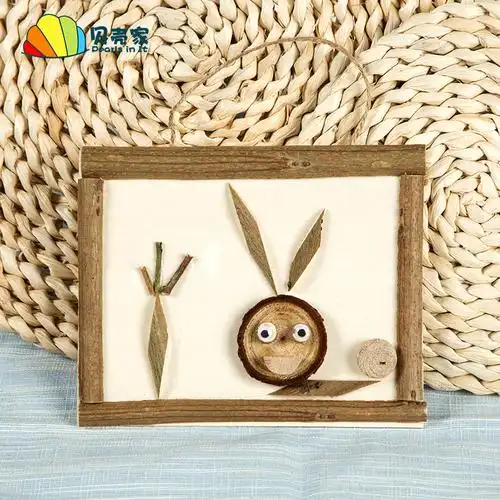 创意diy原木画自然原木片树枝画手工制作材料包幼儿园木艺画框相