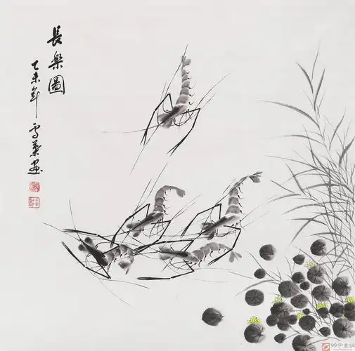 安徽美协何华贤四尺斗方《长乐图》 - 虾趣图 - 99字画网