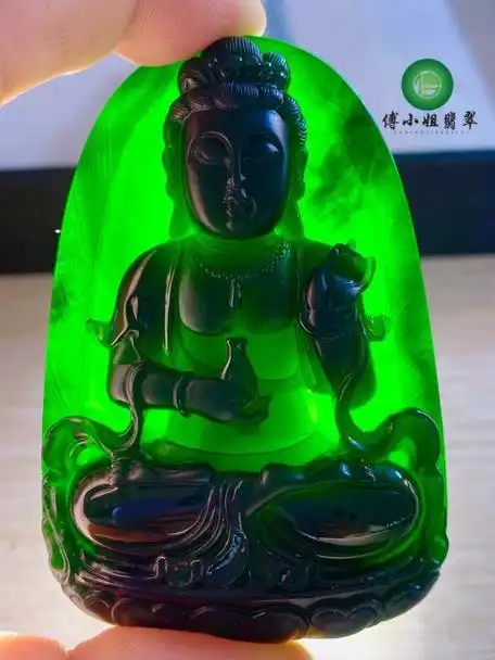 缅甸天然翡翠a货墨翠大观音牌 打灯透绿-阿里巴巴