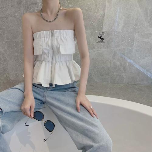 夏季外穿纯欲辣妹风性感裙摆小吊带背心女抹胸无袖一字肩短款上衣
