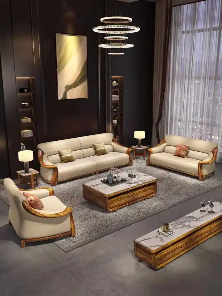 新中式乌金木沙发实木真皮沙发特厚头层牛皮.