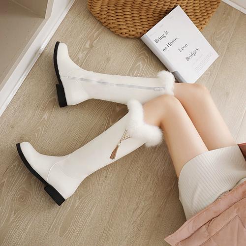 女童白色长靴2024冬季公主保暖棉靴儿童高筒雪地靴中大童学生皮靴