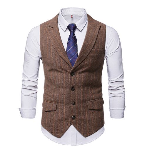 春季新款欧码男士枪驳领单排扣麂皮绒马甲大码绅士条纹西服背心潮