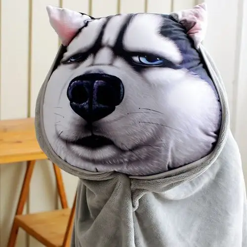 冬季搞怪搞笑狗头午睡小枕头哈士奇二哈暖手抱枕被子两用靠垫毯子