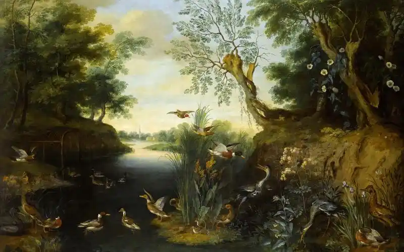 壁纸 油画,鸟,树,河,野鸭