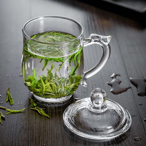 带盖绿茶泡茶杯喝水杯子男士耐热玻璃杯办公带把个人专用杯花茶杯