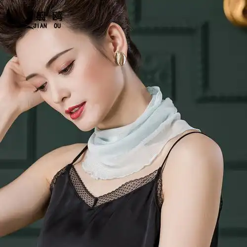 护颈防晒真丝围脖女套头春夏季纯色假领子小丝巾桑蚕丝网纱脖套薄