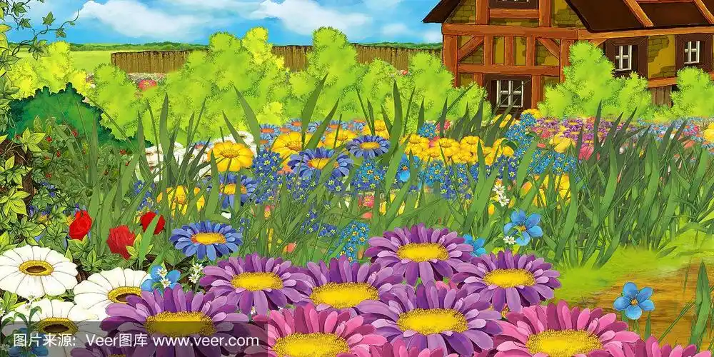 卡通场景与山谷农舍和花园里的鲜花