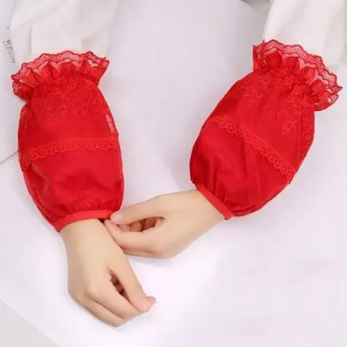 红色袖套大红双层蕾丝短款袖套女成人儿童防脏套袖防污袖筒护袖头