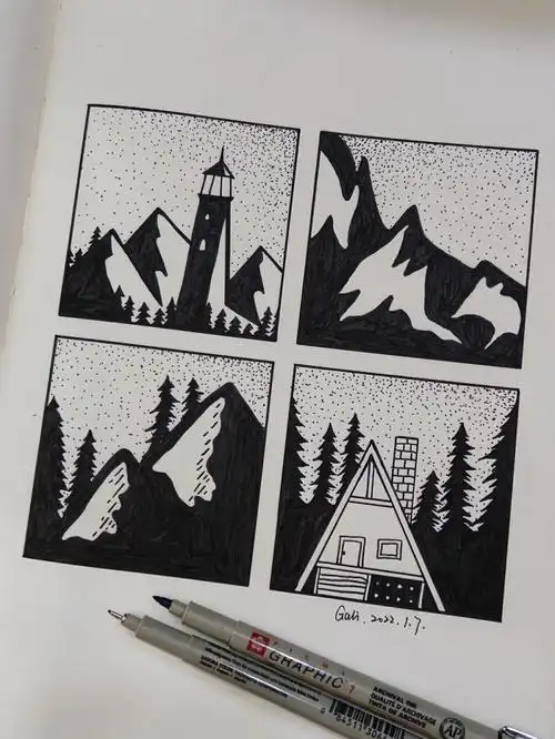 17冰山一角黑白简笔画线描插画创意画