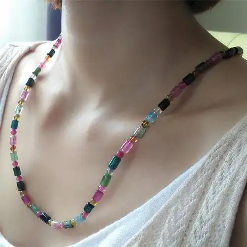 一物一图 diy原创天然柱形碧玺项链女款纯手工雕刻毛衣链三圈手链