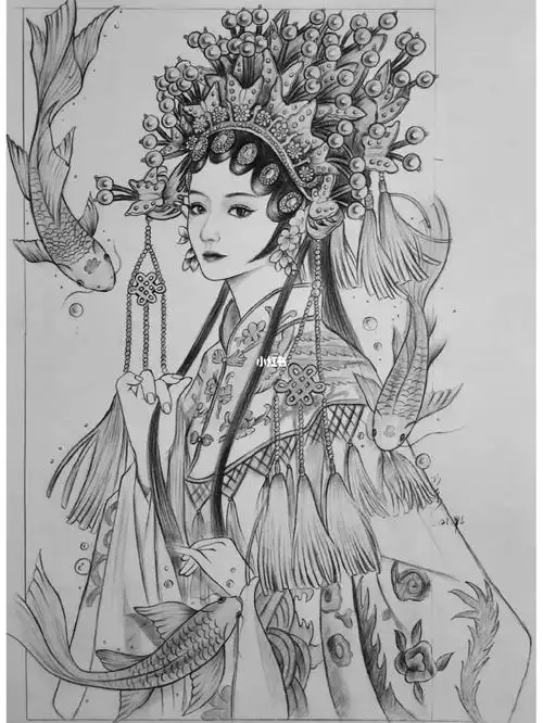 锦鲤花旦手绘#手绘线稿  #人物线稿  ##手绘  #花旦手绘  #文平手绘