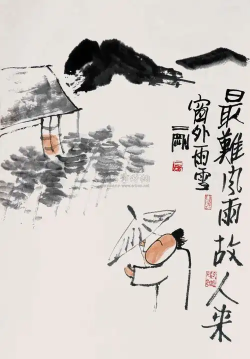 0135风雪夜归人设色纸本