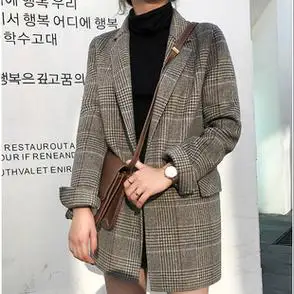 毛呢格子小西装新款外套宽松中长款格纹复古西服外套女2021冬季