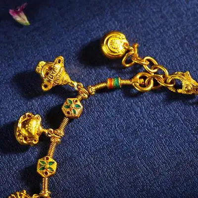 朝华凝露 古法黄金24k金手链手工錾刻吉祥八宝小吊坠编织手绳足金