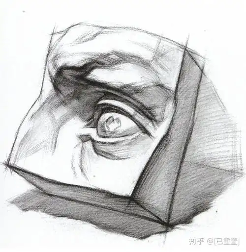 深入完整画面,整个石膏像眼睛得转折位置,明暗交界线起伏更加丰富.