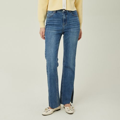 roem开叉高腰直筒湛蓝色牛仔长裤女春夏款商场同款显瘦