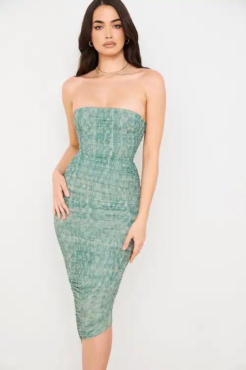 houseofcb性感纯欲风抹胸收腰紧身包臀褶皱显瘦弹力一步连衣裙