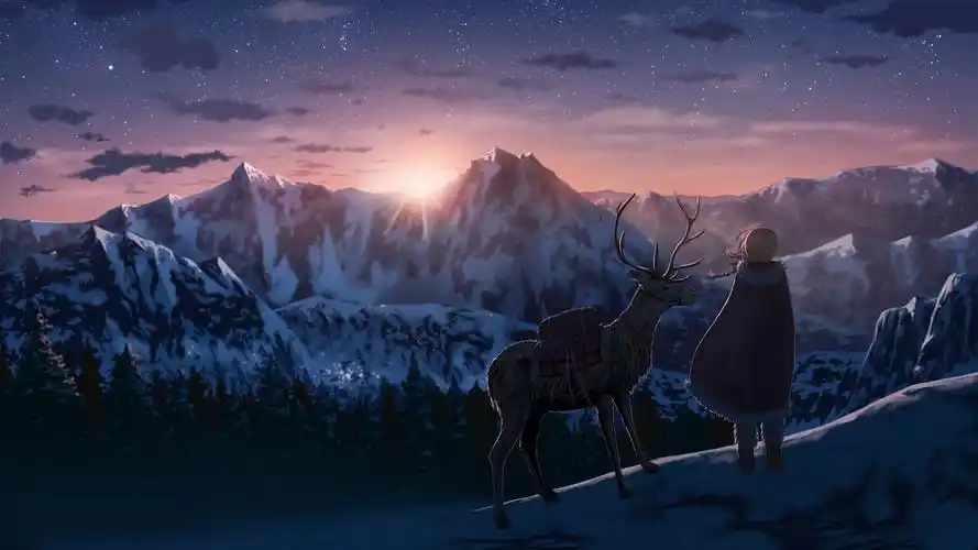 风景山日落animeanimegirlsdeersnowwintermountainssunset壁纸图片