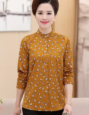 气质妈妈装春秋长袖衬衣 中年女士职业碎花衬衫三四十岁女装 姜黄 xl